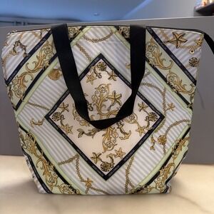 Victoria's Secret Insulated Cooler Bag Tote Nautical Blue Green Zip Close Beach